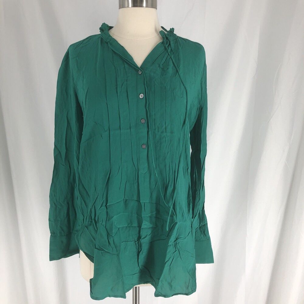 LOFT Womens Blouse Size S Green Pleated Ruffle V Neck Tie Long Sleeve Button